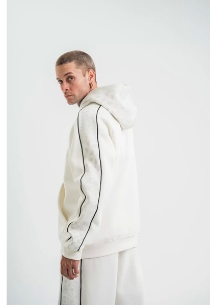 Polızeı Premium Kalite Unisex Kapşonlu Ara Biyeli Sweatshirt - Beyaz