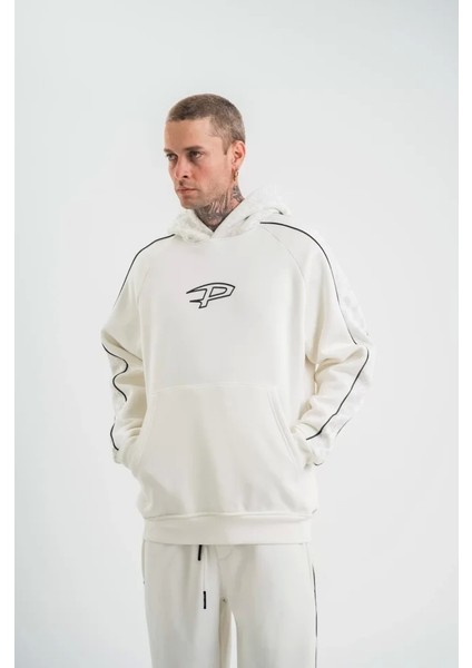 Polızeı Premium Kalite Unisex Kapşonlu Ara Biyeli Sweatshirt - Beyaz