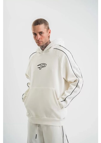Polızeı Premium Kalite Unisex Kapşonlu Ara Biyeli Sweatshirt - Beyaz