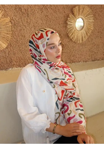 Modakaşmir Abstract Desen Pamuk Şal Bej Kırmızı Pembe Renk