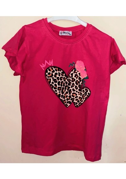 Gül Leopar Desenli Kalp Baskılı Kız Tişört