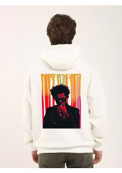 Unisex Baskılı Oversize Üç Iplik Kapüşonlu Sweatshirt - Beyaz