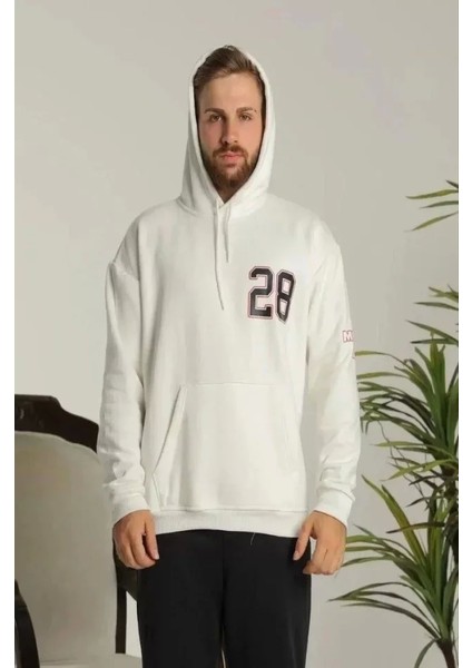 Unisex Kapşonlu Baskılı Sweetshirt - Beyaz