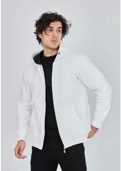 Unisex Tam Fermuarlı Kapşonlu Sweatshirt - Beyaz