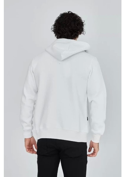 Unisex Tam Fermuarlı Kapşonlu Sweatshirt - Beyaz
