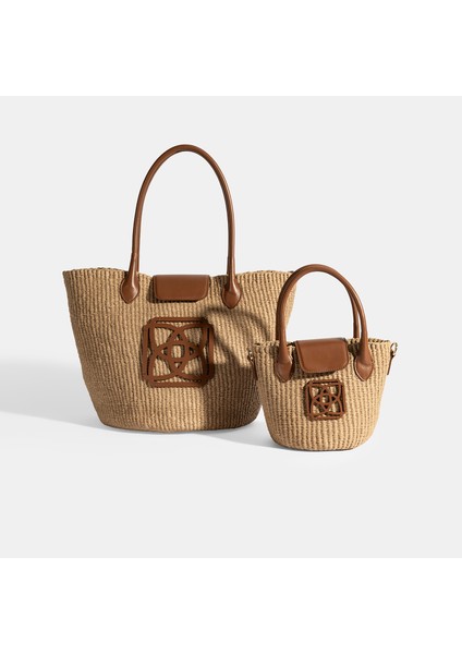 Kadın Taba Monogram Logolu Hasır Mini El Çantası
