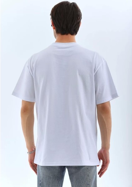 Unisex Oversize Taşlı Bisiklet Yaka T-Shirt - Beyaz fiyatları