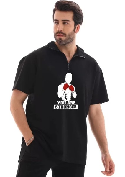 Unisex Yarım Fermuarlı Oversize Baskılı T-Shirt - Siyah
