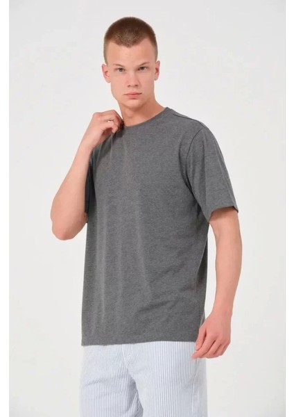 Unisex Düz Biskilet Yaka Oversize T-Shirt - Füme