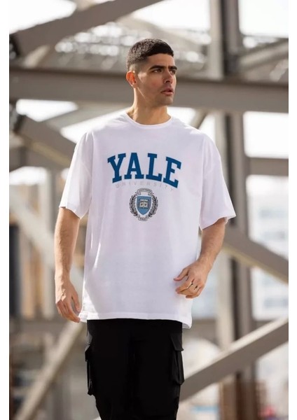 Unisex Bisiklet Yaka Baskılı Oversize T-Shirt - Beyaz modelleri