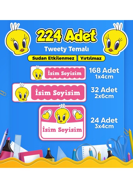 Tweety Temalı Okul Kreş Kişiye Özel Isim Etiket Seti - Model 23