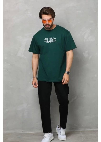 Unisex Bisiklet Yaka Baskılı Oversize T-Shirt - Yeşil