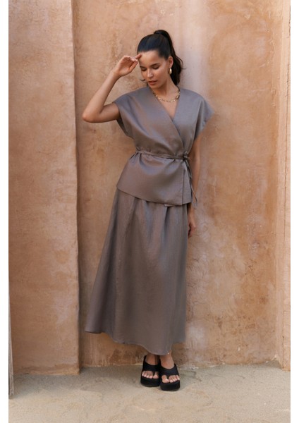 Fiametta Salaş Füme Keten Yelek Etek Takım