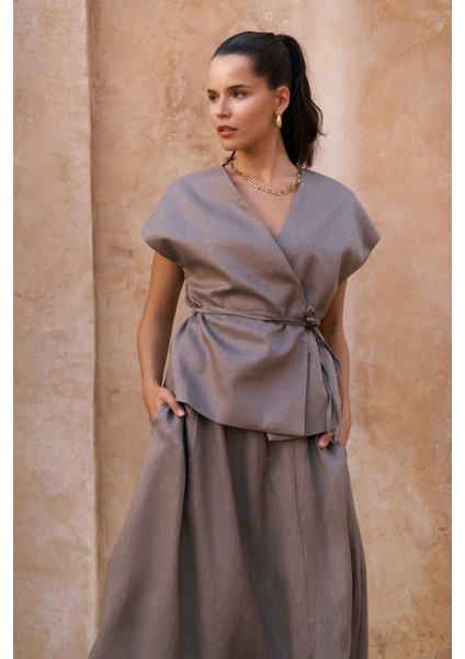 Fiametta Salaş Füme Keten Yelek Etek Takım modelleri