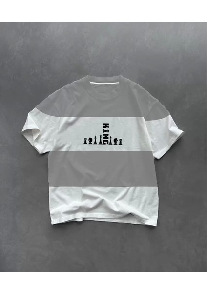 Unisex Bisiklet Yaka Baskılı Parçalı Oversize T-Shirt - Gri