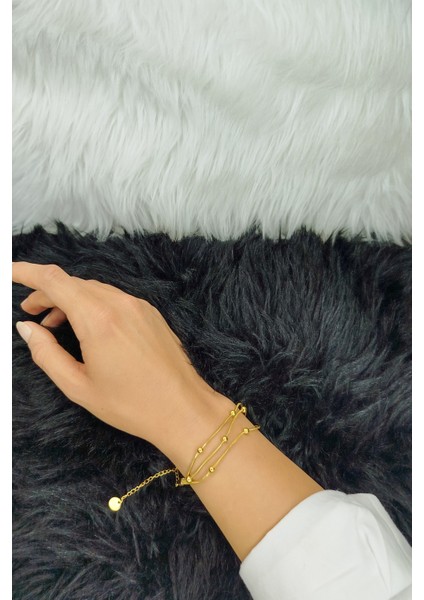 Gold Renkli Üçlü Bağımsız Zincir ve Yuvarlak Detayları Olan Paslanmaz Çelik Kadın Bileklik fiyatları