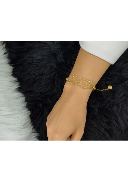 Gold Renkli Üçlü Bağımsız Zincir ve Yuvarlak Detayları Olan Paslanmaz Çelik Kadın Bileklik modelleri