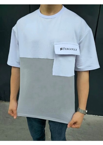 Unisex Torba Cep Detaylı Parçalı T-Shirt - Gri