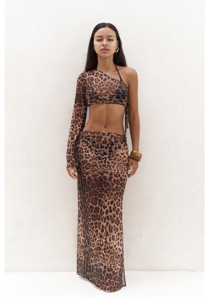 Efthimos Tek Omuz Leopar Desenli Crop Etek Takım fiyatları