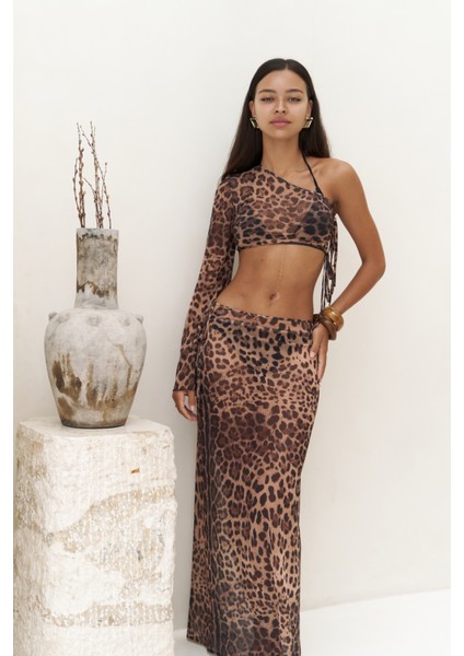 Efthimos Tek Omuz Leopar Desenli Crop Etek Takım modelleri