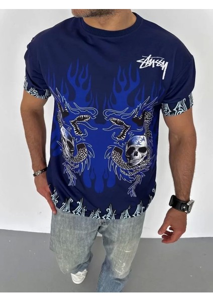 Unisex Bisiklet Yaka Baskılı Oversize T-Shirt - Lacivert modelleri