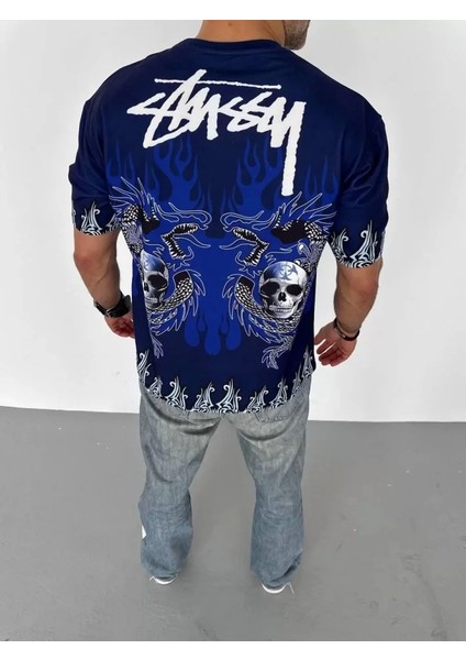 Unisex Bisiklet Yaka Baskılı Oversize T-Shirt - Lacivert fırsatları