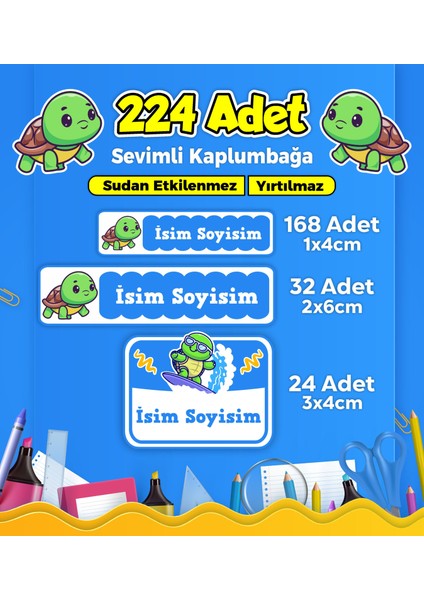 Sevimli Kaplumbağa Temalı Okul Kreş Kişiye Özel Isim Etiket Seti - Model 196