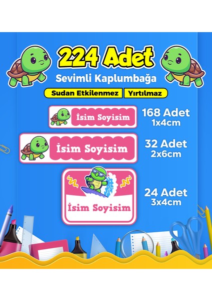Sevimli Kaplumbağa Temalı Okul Kreş Kişiye Özel Isim Etiket Seti - Model 195