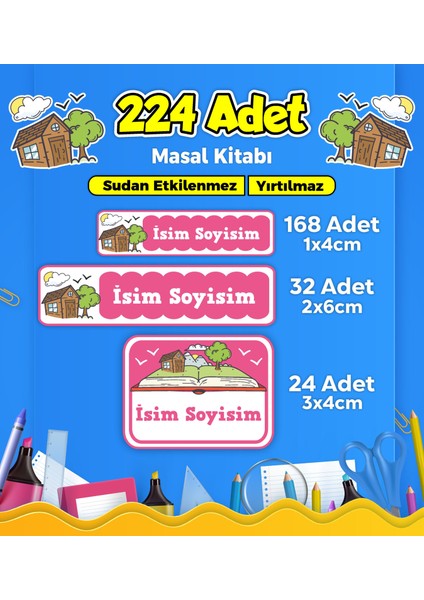 Masal Kitabı Temalı Okul Kreş Kişiye Özel Isim Etiket Seti - Model 198