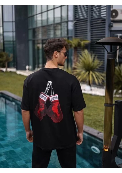 Unisex Bisiklet Yaka Baskılı Oversize T-Shirt - Siyah modelleri