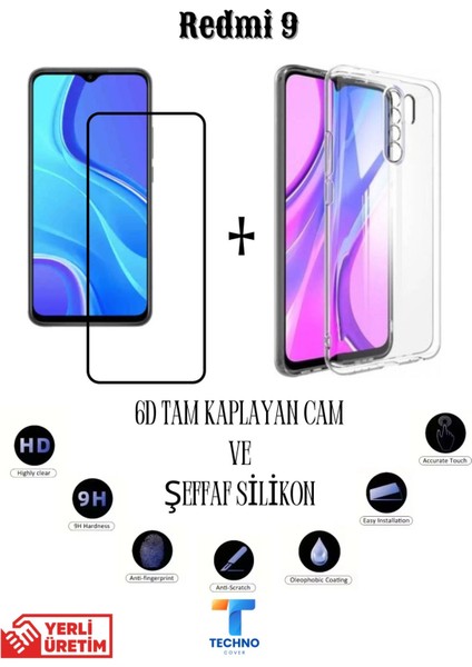 Redmi 9 6d Tam Kaplayan Ekran Koruyucu ve Şeffaf Kılıf 2li Avantajlı Paket