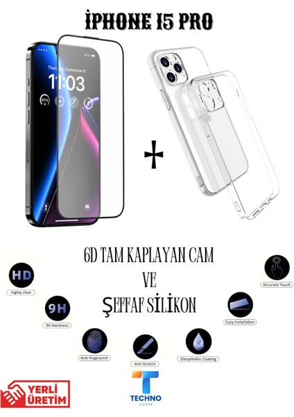 Iphone 15 Pro 6d Tam Kaplayan Ekran Koruyucu ve Şeffaf Kılıf 2li Avantajlı Paket