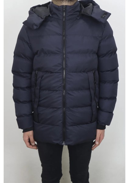Fistan Store Erkek Lacivert Hakim Yaka Spor Kesim Rahat Kalıp Kapüşonlu Kışlık Şişme Mont modelleri