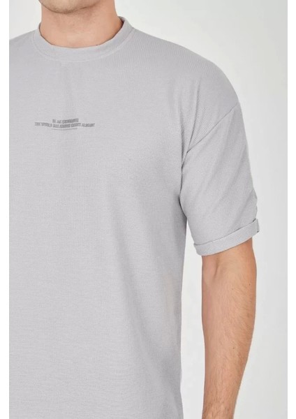 Unisex Waffle Kumaş Rahat Kol T-Shirt - Boyalı Gri modelleri