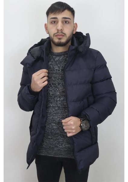Fistan Store Erkek Lacivert Hakim Yaka Spor Kesim Rahat Kalıp Kapüşonlu Kışlık Şişme Mont