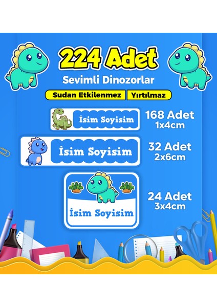 Sevimli Dinozor Temalı Okul Kreş Kişiye Özel Isim Etiket Seti - Model 212