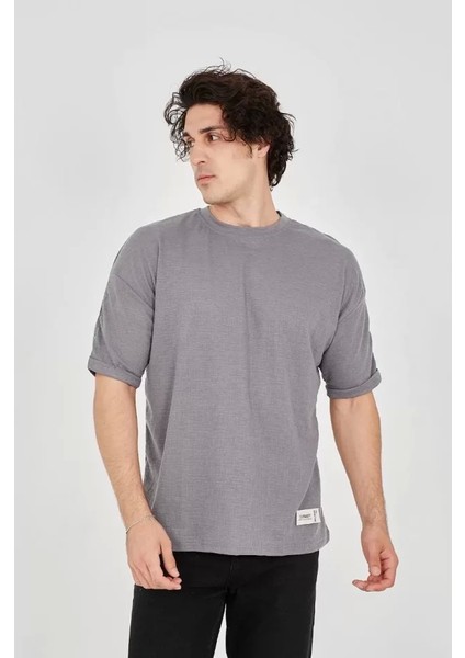 Unisex Jakar Kumaş Rahat Kol T-Shirt - Gri