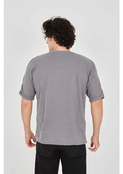 Unisex Jakar Kumaş Rahat Kol T-Shirt - Gri modelleri