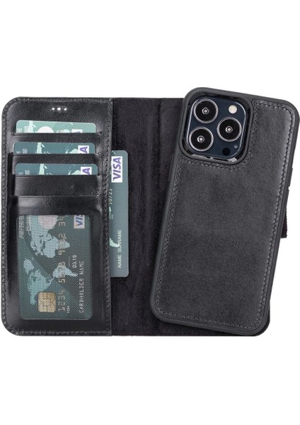 Apple iPhone 13 Pro Uyumlu Deri Cüzdanlı Kılıf Siyah