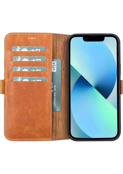 Apple iPhone 13 Pro Max Uyumlu Deri Cüzdanlı Kılıf Karamel