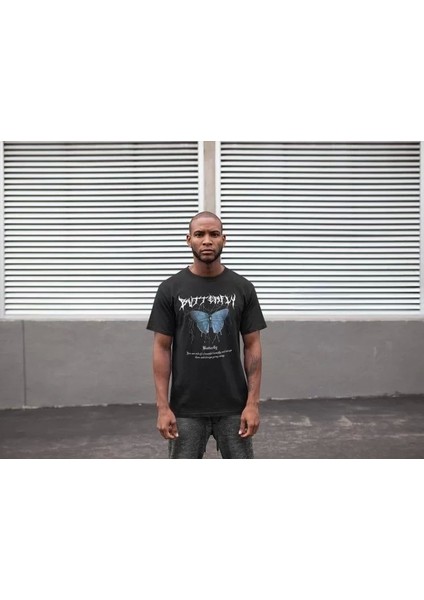 Unisex Bisiklet Yaka Baskılı Oversize T-Shirt - Siyah