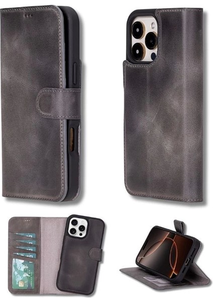 Apple iPhone 16 Pro Uyumlu, Hakiki Deri, El Yapımı, Cüzdanlı Kılıf, Gölgeli Gri