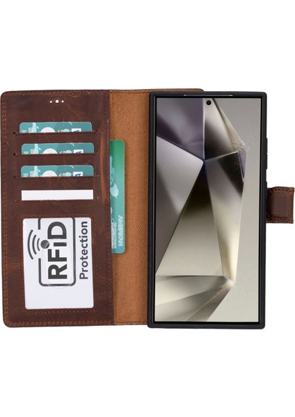 Samsung Galaxy S24 Ultra Uyumlu, Deri Cüzdanlı Kılıf, Antik Kahve fırsatları