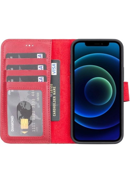 Apple iPhone 13 Mini Uyumlu Deri Cüzdanlı Kılıf V4EF Kırmızı fiyatları