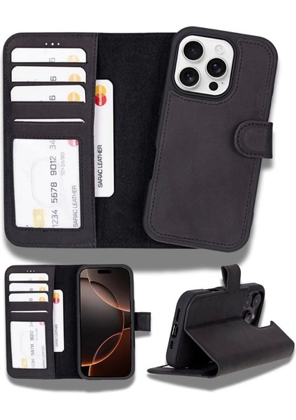 Apple iPhone 16 Pro Uyumlu, Hakiki Deri, El Yapımı, Cüzdanlı Kılıf, Mat Siyah
