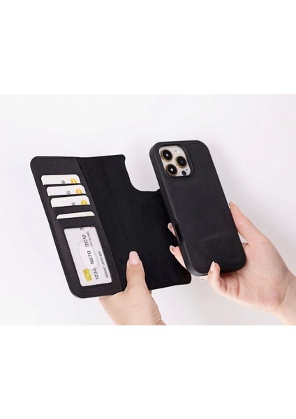 Apple iPhone 16 Pro Uyumlu, Hakiki Deri, El Yapımı, Cüzdanlı Kılıf, Mat Siyah fiyatları