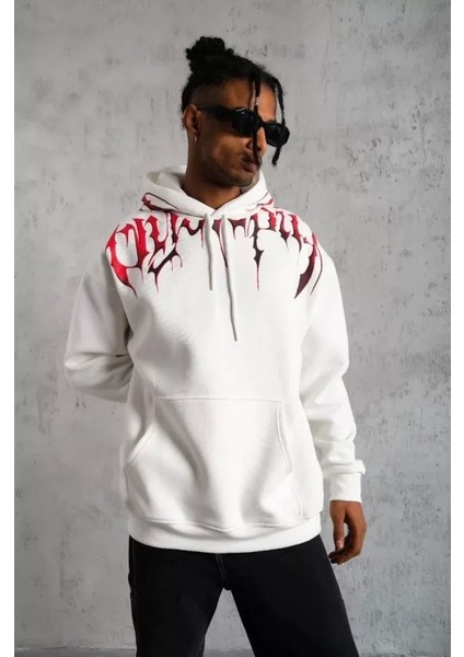 Erkek Ön ve Arka Baskılı Kapüşonlu 3 Iplik Sweatshirt - Beyaz