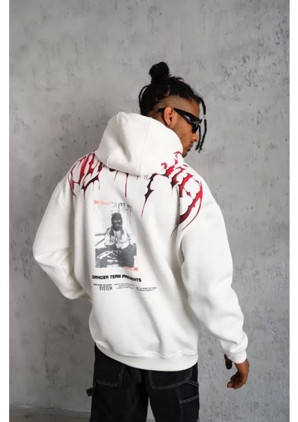 Erkek Ön ve Arka Baskılı Kapüşonlu 3 Iplik Sweatshirt - Beyaz
