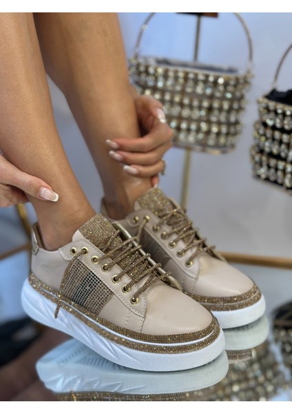 Pille Kristal Taşlı Özel Tasarım Spor Ayakkabı Vizon