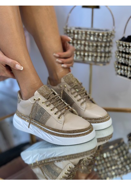 Pille Kristal Taşlı Özel Tasarım Spor Ayakkabı Vizon fiyatları